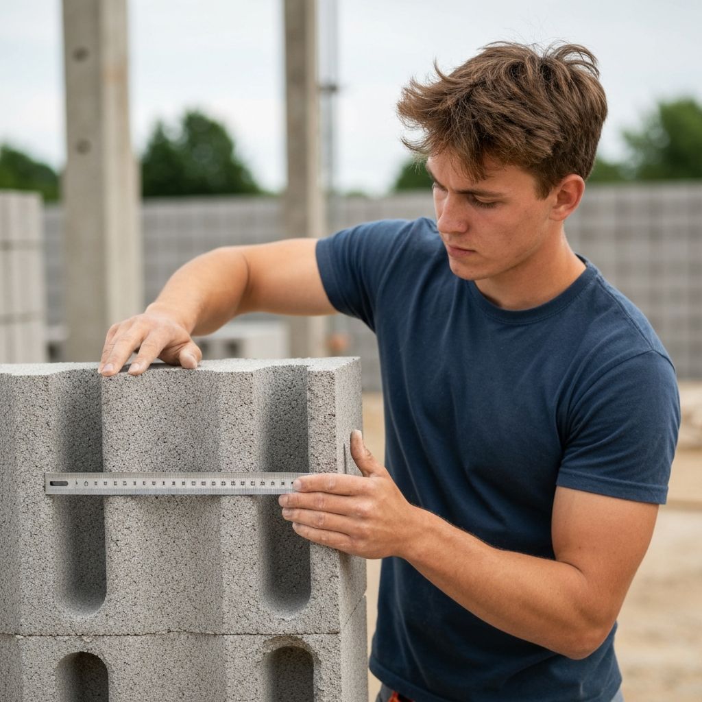 Ouvrier mesurant la dimension d'un parpaing en béton vibré avec alvéoles visibles avec une règle