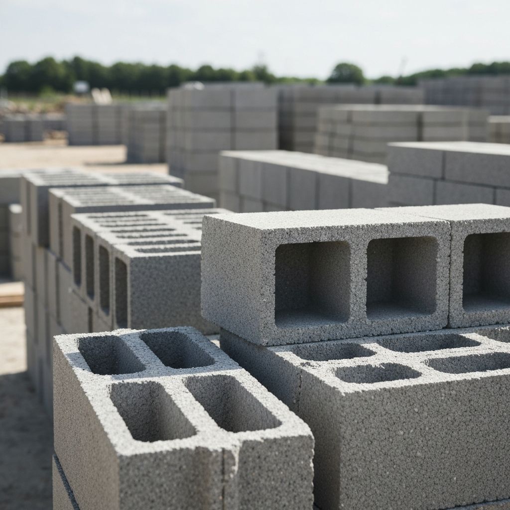 Parpaings en béton vibré de différentes dimensions avec alvéoles bien visibles empilés sur un chantier