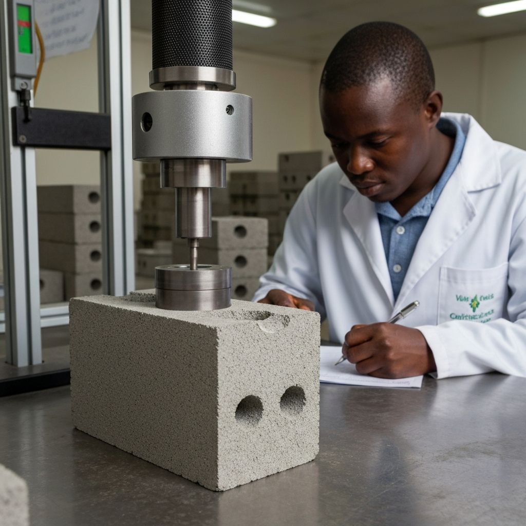 Test de qualité d'un parpaing en béton vibré avec alvéoles visibles en laboratoire au Cameroun